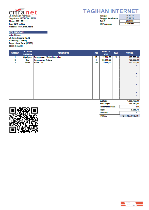 Indonesia Citranet utility bill template in Word and PDF formats